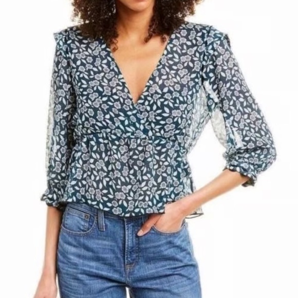 ba&sh Tops - Ba&sh Blanche Floral Peplum Sheer Blouse Blue Peacock Size S